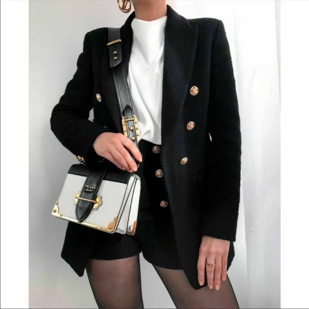 Zara Textured Blazer and Shorts Set XS Gold Buttons Suit Bloggers Fave